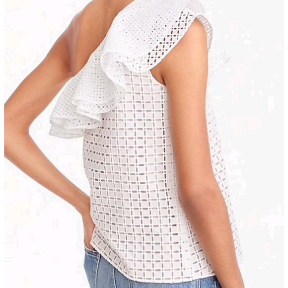 J Crew One Shoulder Ruffle Eyelet Top sz 6 White Cotton Nude Lining Boho Fairy - Picture 2 of 13